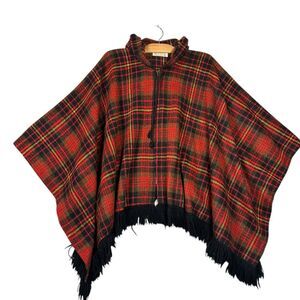 Vintage King Of The Ponchos Red Plaid Wool Poncho Cape Hooded Fringe Zip 60’s OS